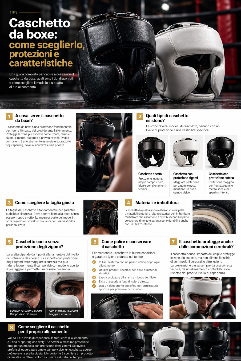 Guida alla scelta del caschetto da boxe: modelli neri e bianchi, protezione zigomi e caratteristiche