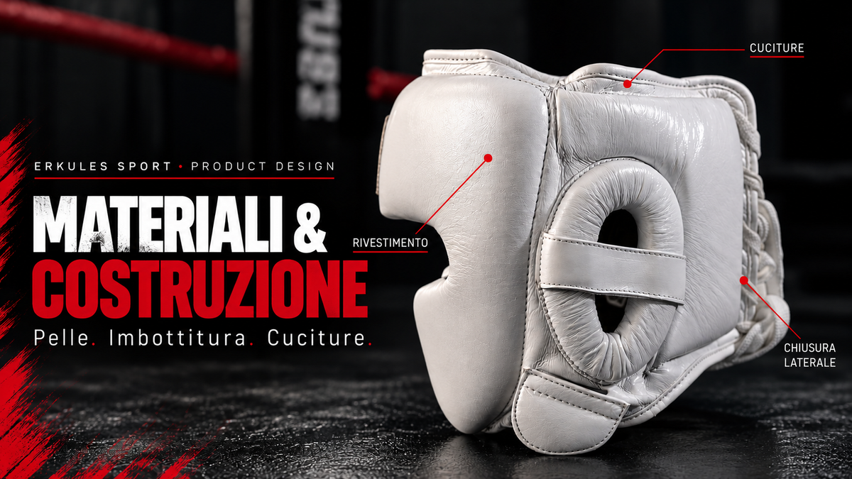 Copertina Erkules Sport: materiali e costruzione del caschetto da boxe, con vista laterale e dettagli di cuciture e imbottitura.