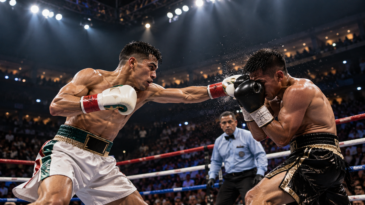 Original editorial artwork showing a championship boxing exchange for Erkules Sport coverage of Sergio Mendoza’s upset win over Ricardo Sandoval