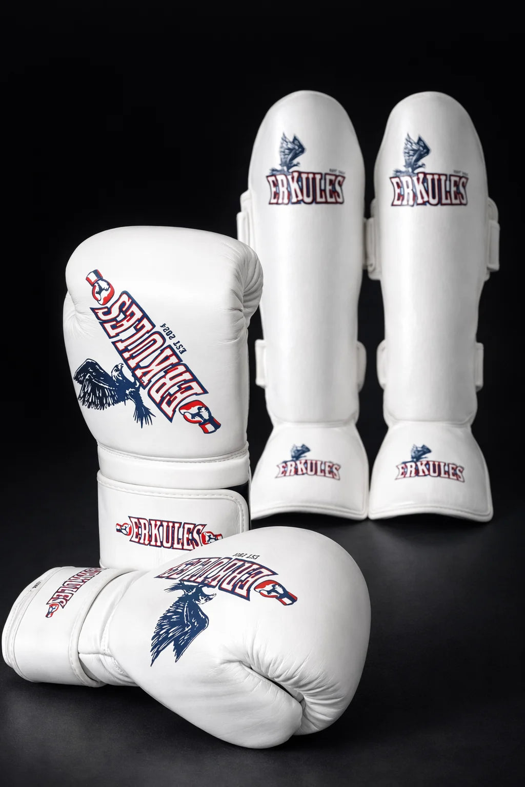 Professionelles Kampfset – Boxhandschuhe Edition Zero & Schienbeinschützer Legion I – Weiß aus echtem Leder