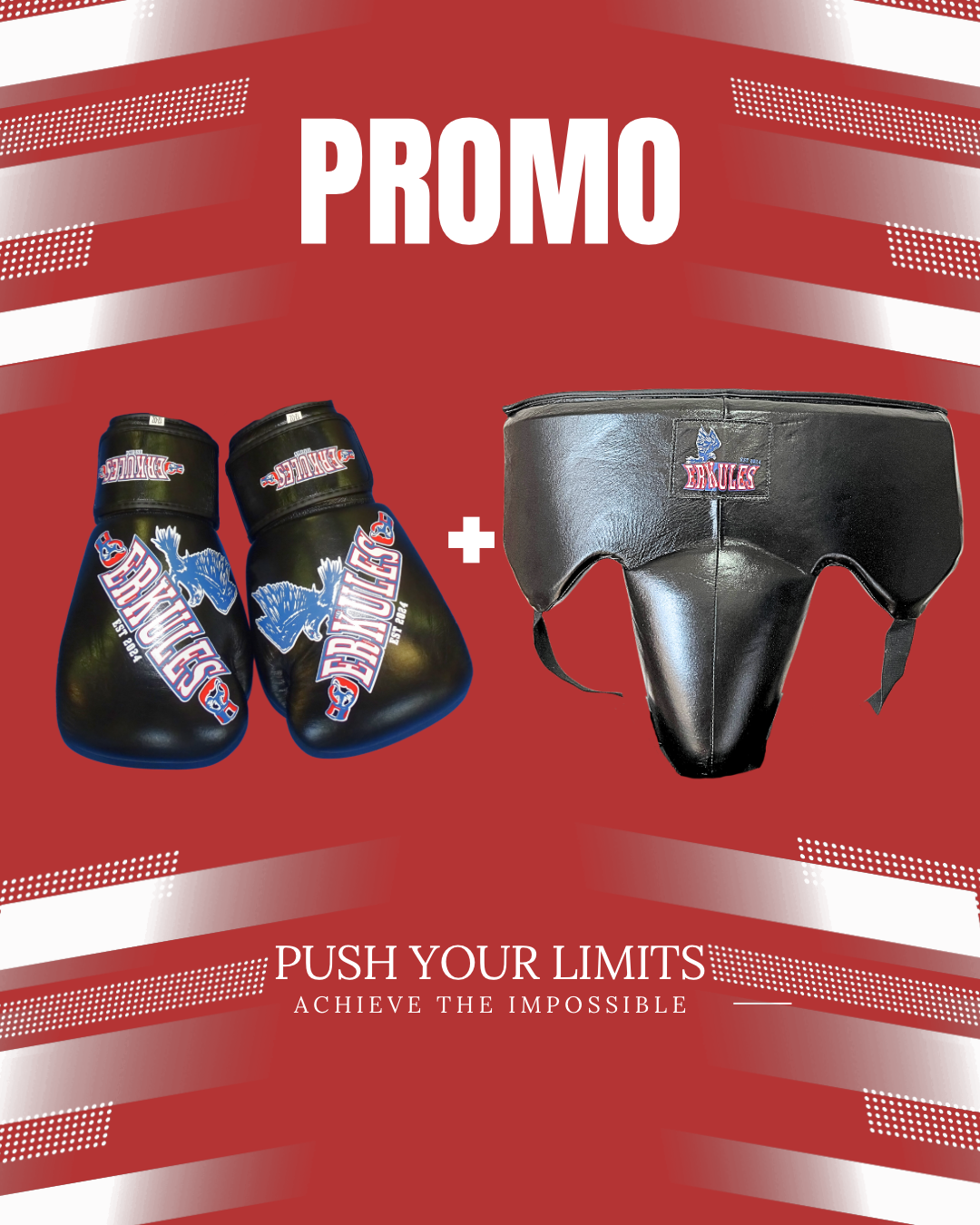 Kit Bundle Erkules: Guantoni da boxe professionali con lacci e conchiglia protettiva coordinata colore nero.