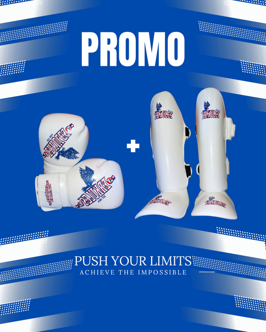 Kit Bundle Erkules: Guantoni da boxe professionali bianco con lacci e con paratibia protettiva coordinata.