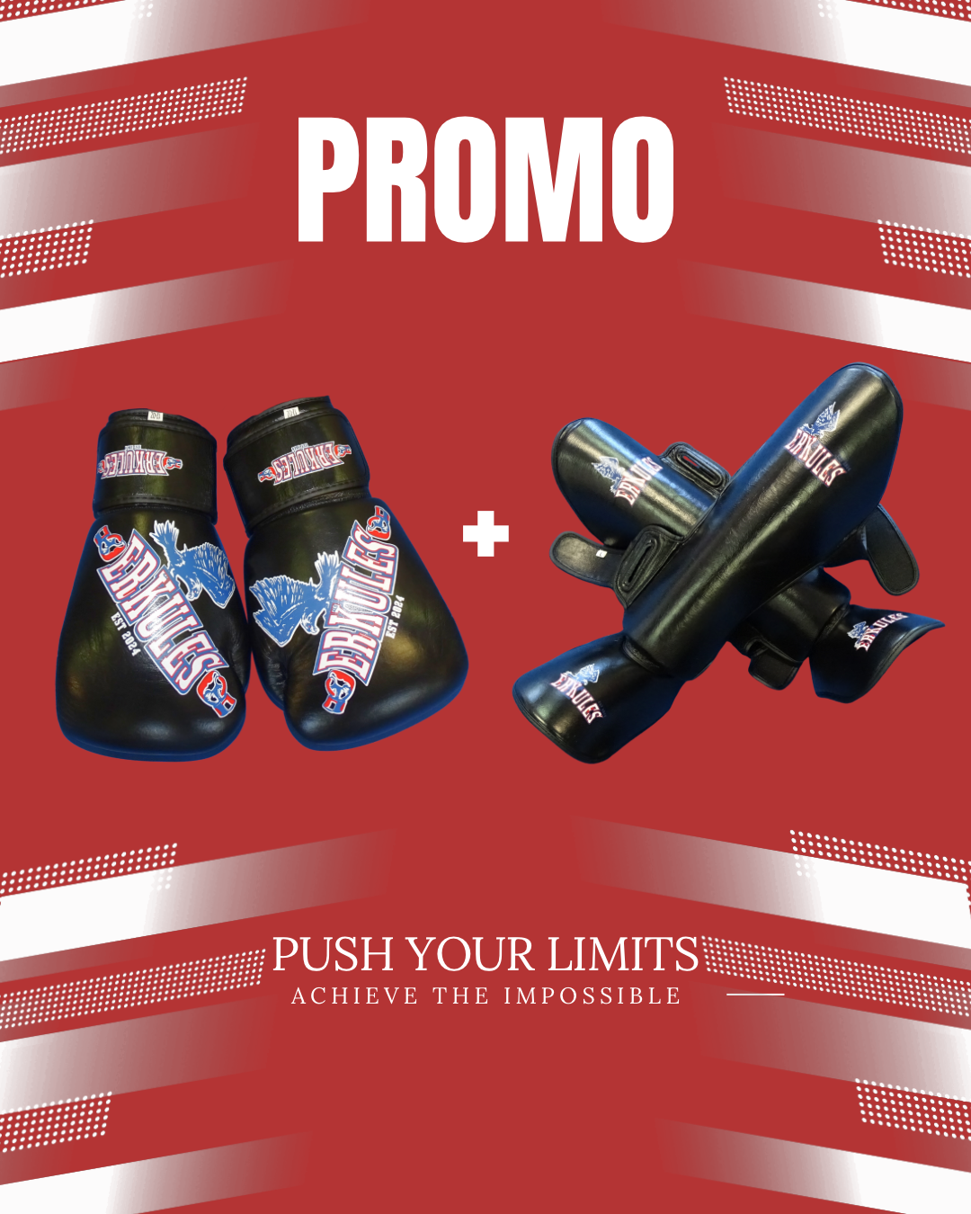 Kit Bundle Erkules: Guantoni da boxe professionali neri con lacci e con paratibia protettiva coordinata.