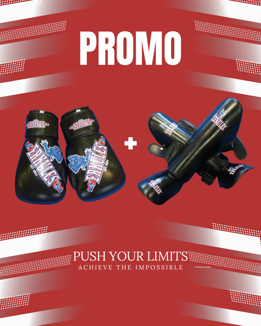 Kit Bundle Erkules: Guantoni da boxe professionali neri con lacci e con paratibia protettiva coordinata.