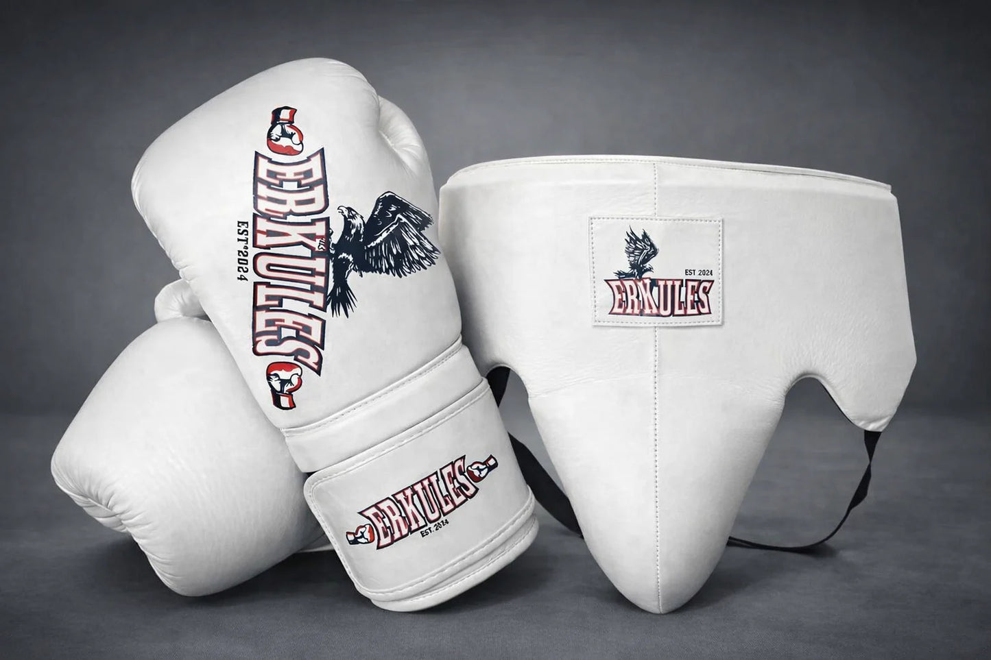 Professionelles Kampfset – Boxhandschuhe Edition Zero & Tiefschutz – Weiß aus echtem Leder
