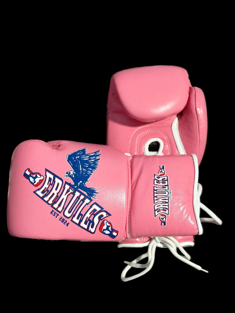 Guantoni da boxe professionali Erkules in pelle rosa con chiusura a lacci
