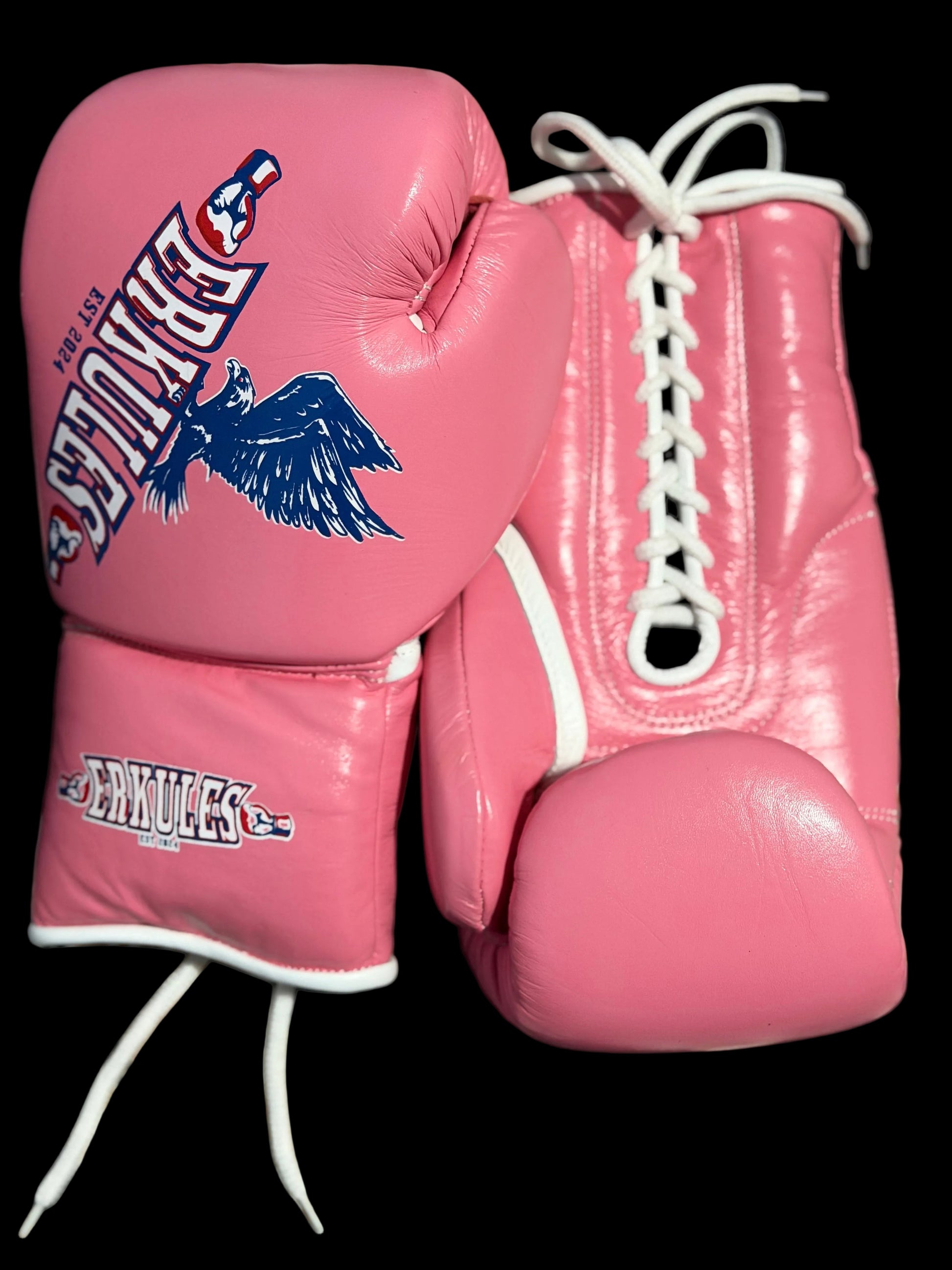 Guantoni da boxe professionali Erkules in pelle rosa con chiusura a lacci
